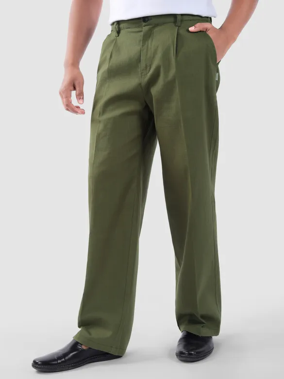 Cedar Green Cotton Slub Pleated Trousers