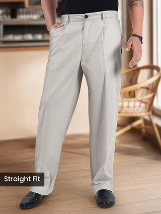 Light Grey Cotton Slub Pleated Trousers