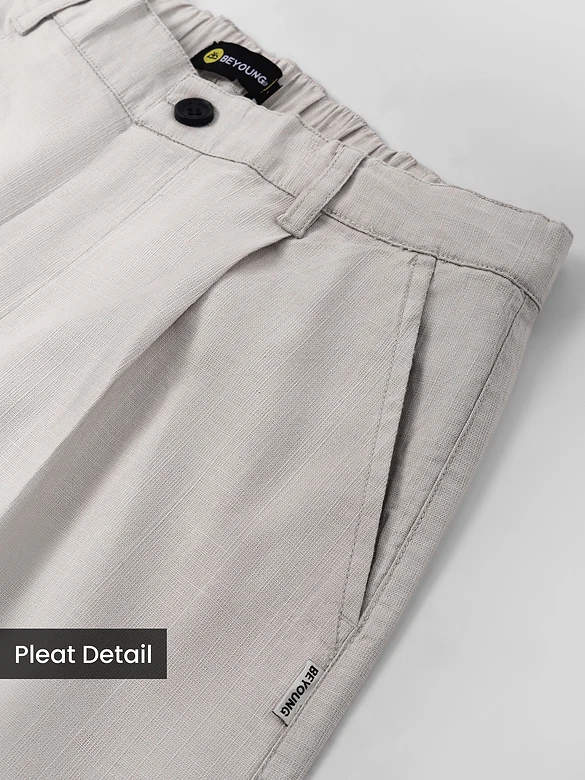 Light Grey Cotton Slub Pleated Trousers