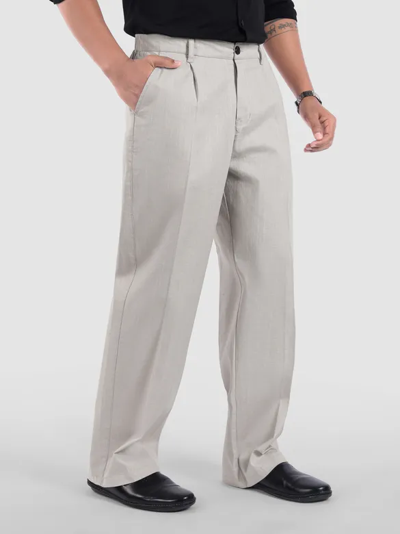Light Grey Cotton Slub Pleated Trousers