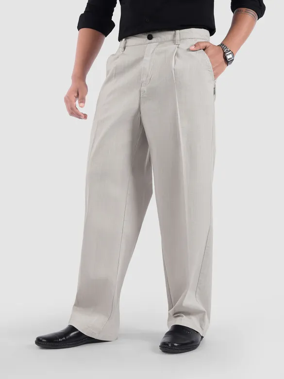 Light Grey Cotton Slub Pleated Trousers