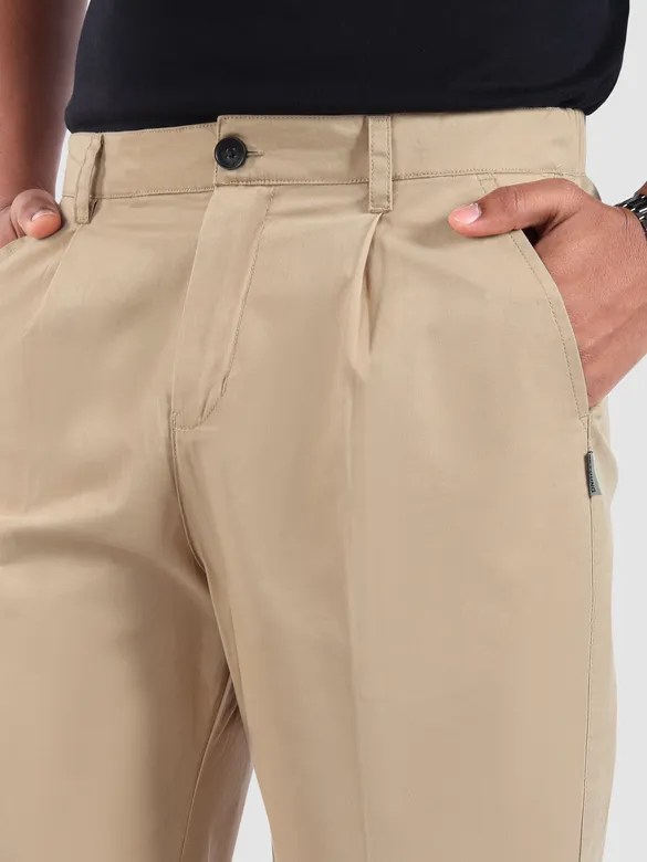 Beige Cotton Twill Straight Fit Trousers