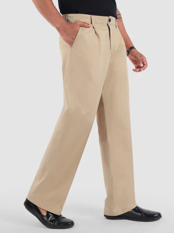 Beige Cotton Twill Straight Fit Trousers