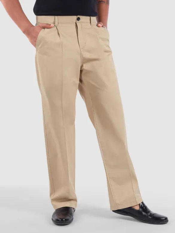 Beige Cotton Twill Straight Fit Trousers