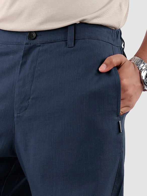 Navy Cotton Lycra Slub Trousers