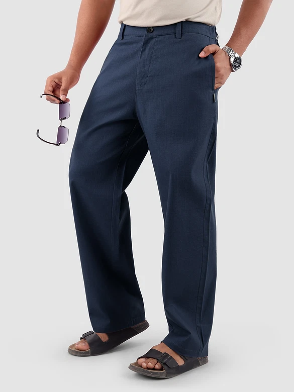 Navy Cotton Lycra Slub Trousers
