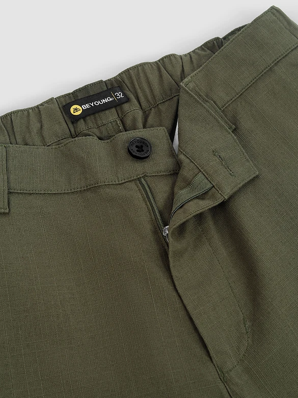 Olive Cotton Lycra Slub Trousers