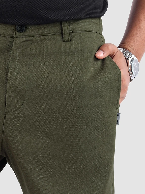 Olive Cotton Lycra Slub Trousers