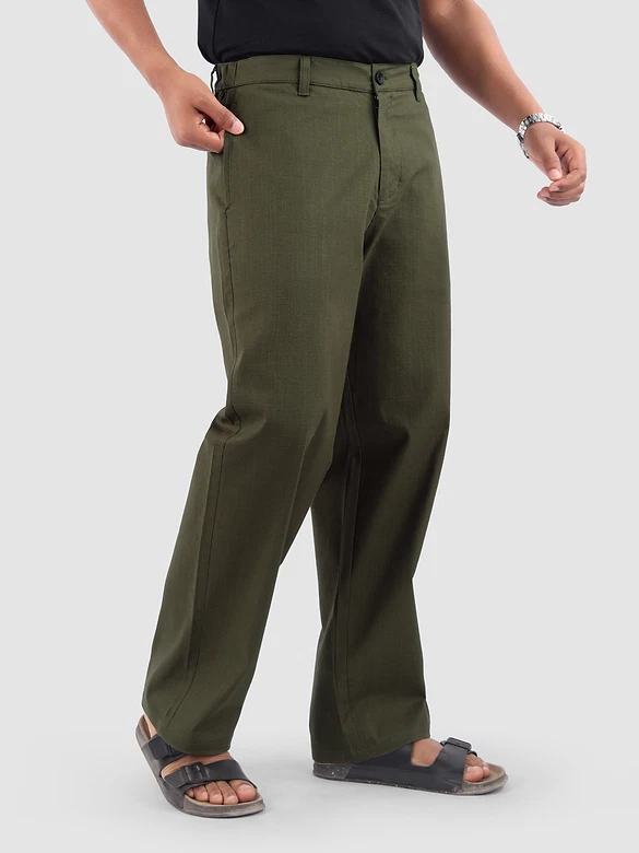Olive Cotton Lycra Slub Trousers