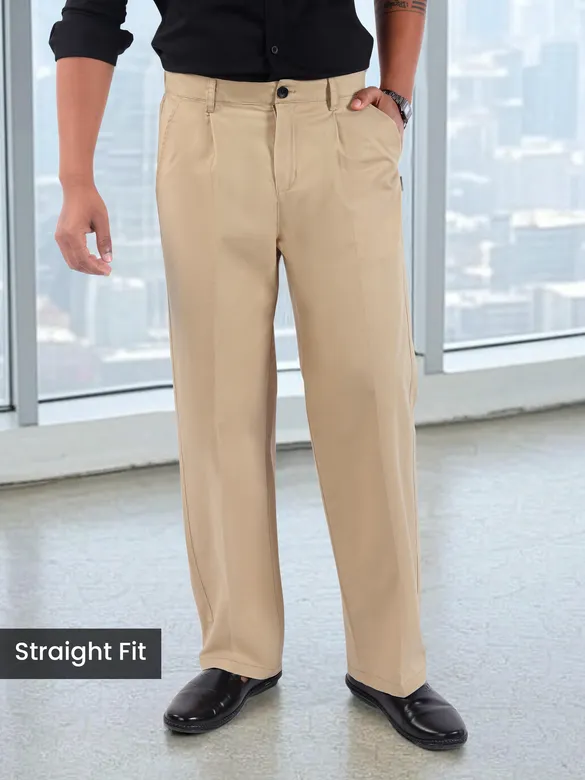 Beige Cotton Twill Straight Fit Trousers