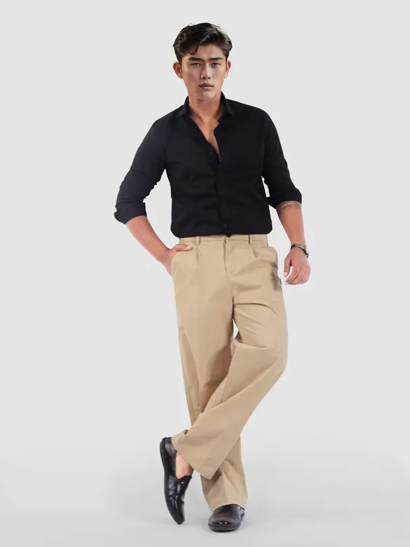 Beige Cotton Twill Straight Fit Trousers