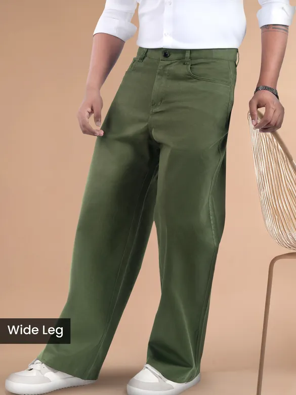 Crocodile Green Cotton Lycra Wide Leg Trousers