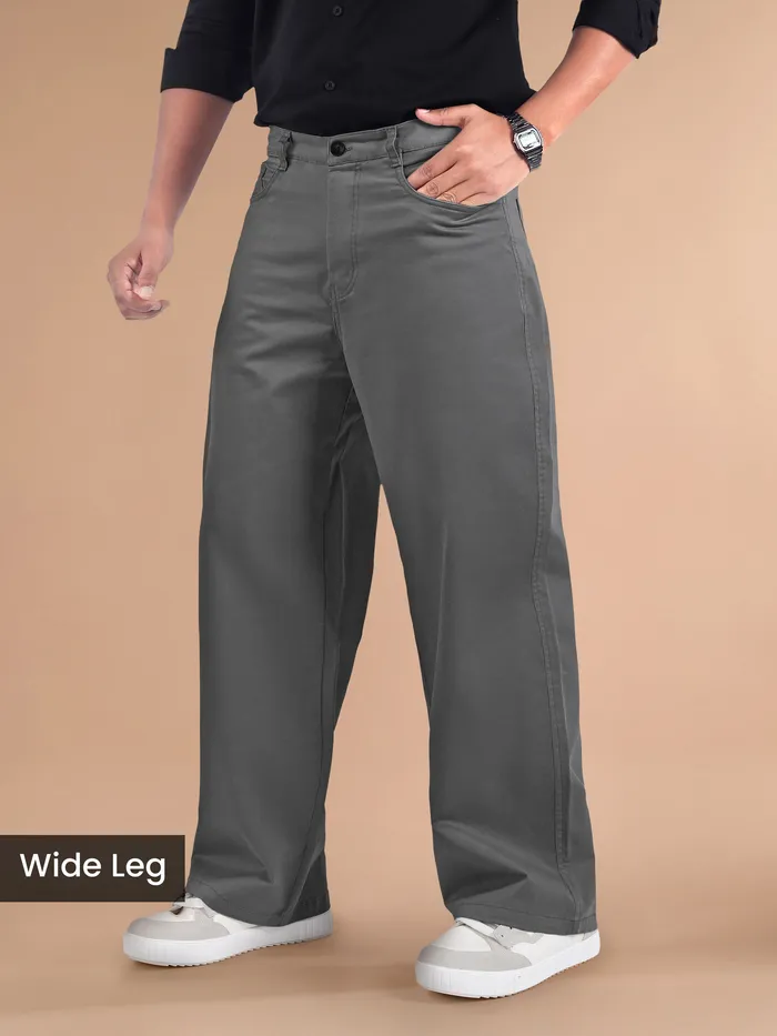 Stone Grey Cotton Lycra Wide Leg Trousers