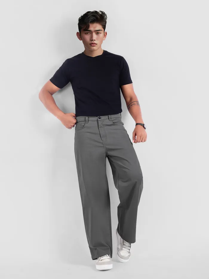 Stone Grey Cotton Lycra Wide Leg Trousers
