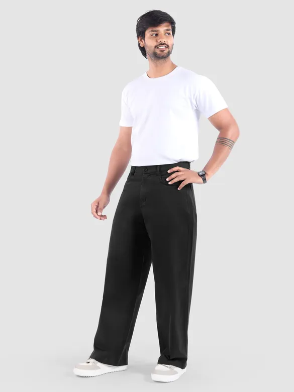 Black Cotton Lycra Wide Leg Trousers