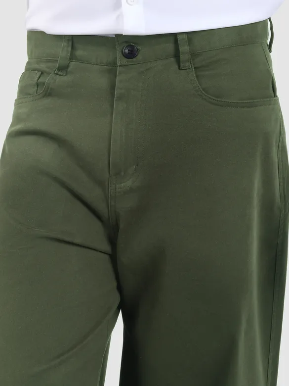Crocodile Green Cotton Lycra Wide Leg Trousers