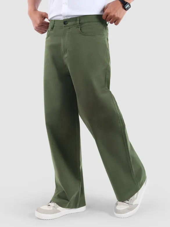 Crocodile Green Cotton Lycra Wide Leg Trousers