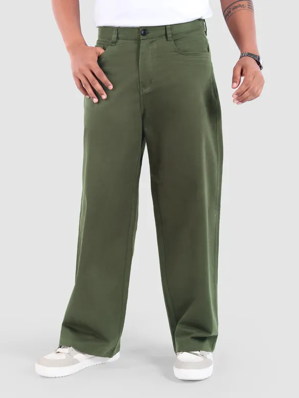 Crocodile Green Cotton Lycra Wide Leg Trousers