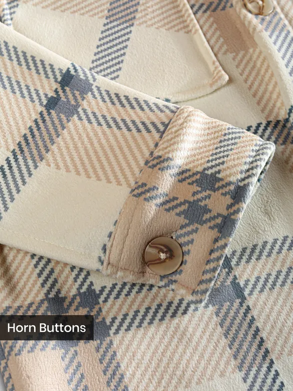 Cream Beige Checkered Fleece Jacket