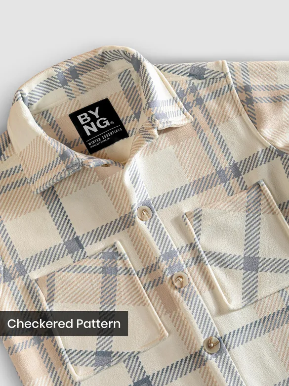 Cream Beige Checkered Fleece Jacket