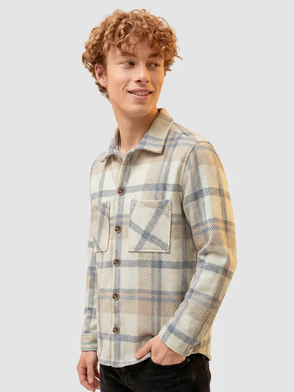 Cream Beige Checkered Fleece Jacket