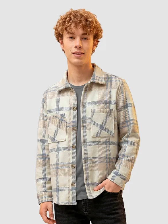 Cream Beige Checkered Fleece Shacket