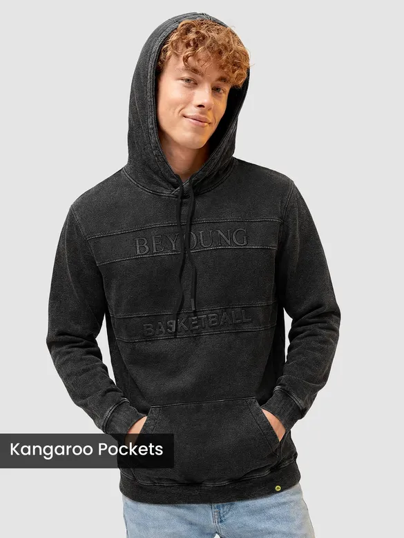 Black HD Print Acid Wash Hoodie