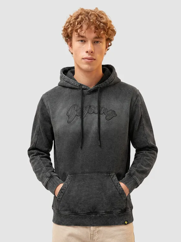 Black Typography Acid Wash Hoodie