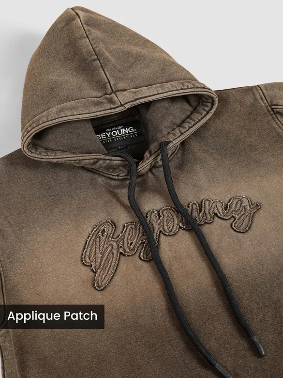 Brown Typography Acid Wash Hoodie