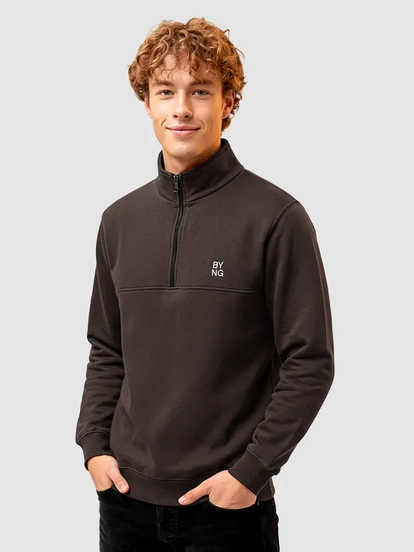 Brown High Neck Zipper Sweatshirt
