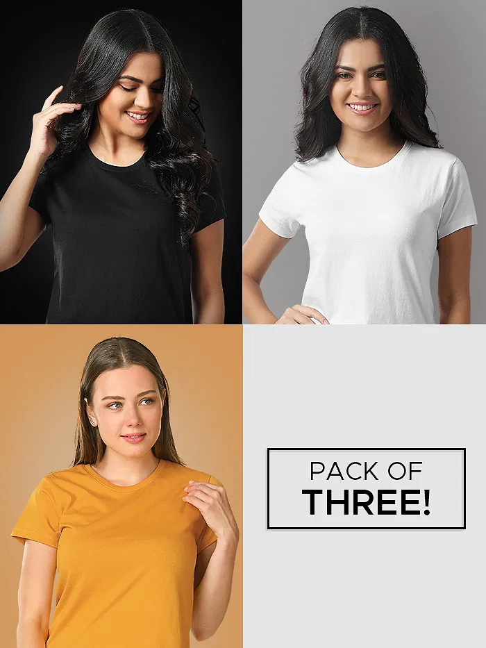 Pack Of 3 Womens T-shirts Black Mustard &amp; White
