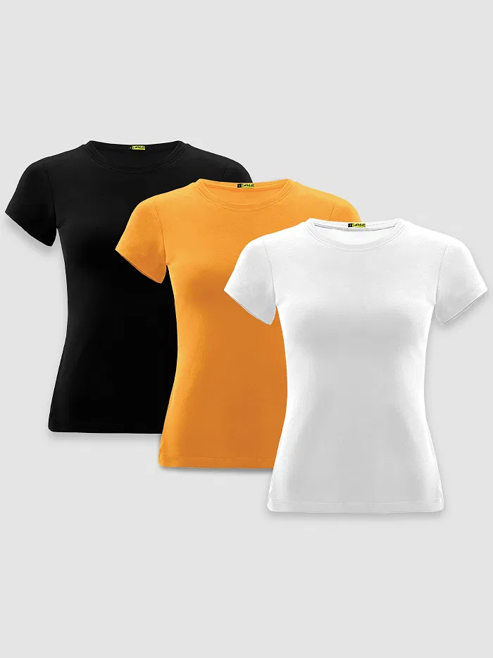 Pack Of 3 Womens Plain T-shirts Black Mustard And White