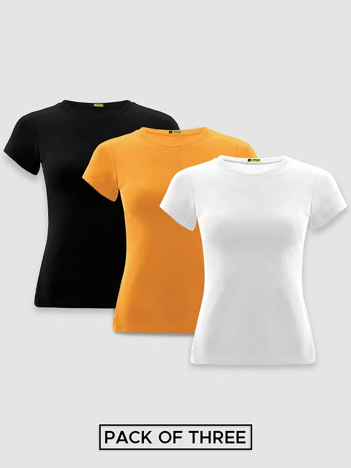 Pack Of 3 Womens Plain T-shirts Black Mustard And White