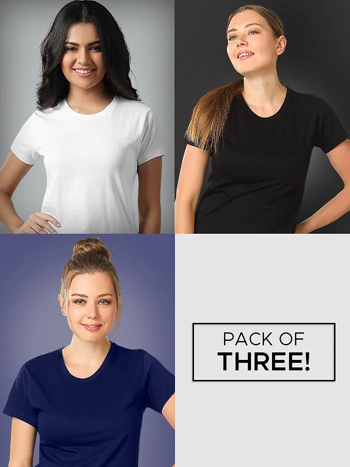 Pack Of 3 Womens T-shirts Navy Blue Black &amp; White
