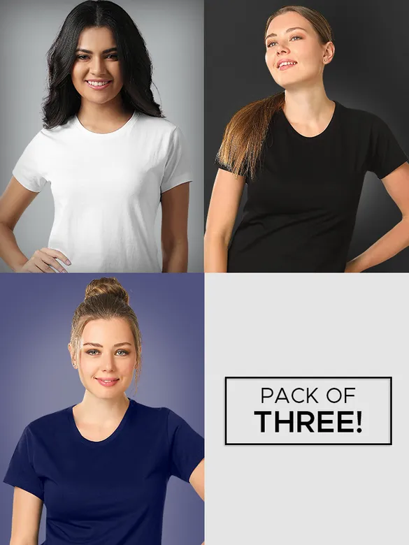 Pack Of 3 Womens T-shirts Navy Blue Black &amp; White