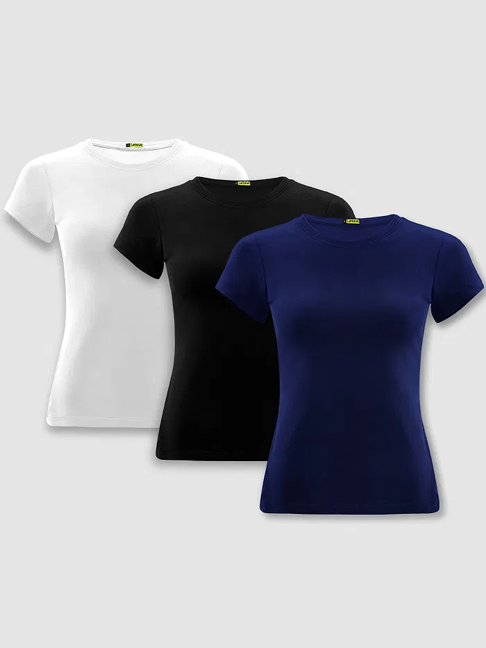 Pack Of 3 Womens Plain T-shirts Navy Blue Black And White