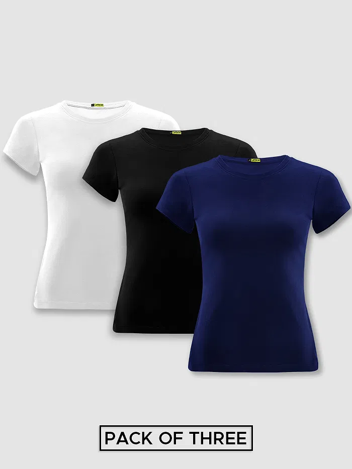 Pack Of 3 Womens Plain T-shirts Navy Blue Black And White