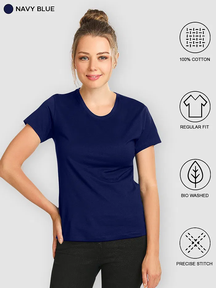 Pack Of 3 Womens Plain T-shirts Navy Blue Black And White