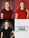 Pack Of 3 Womens Plain T-shirts Red Black And Burgundy