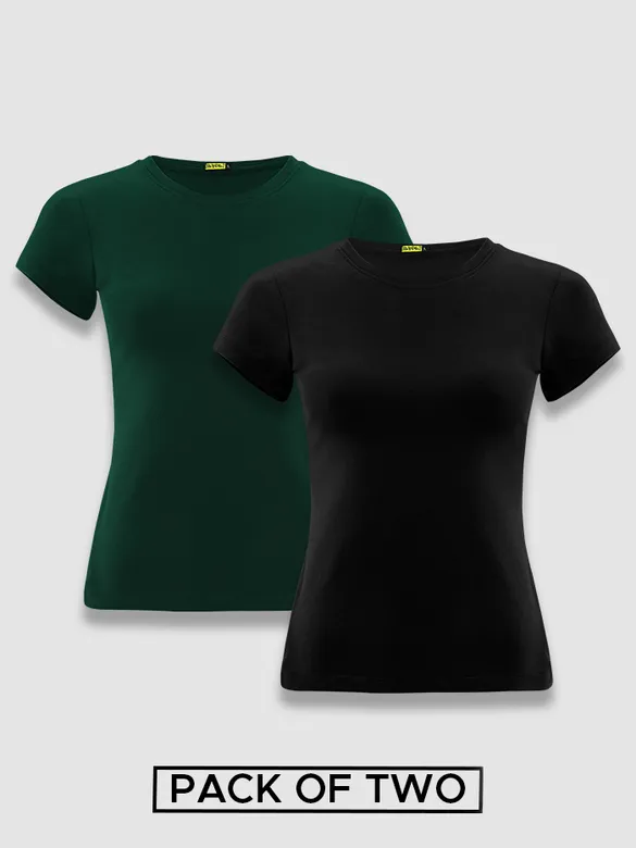 Womens Plain T-shirts Combo Black And Bottle Green