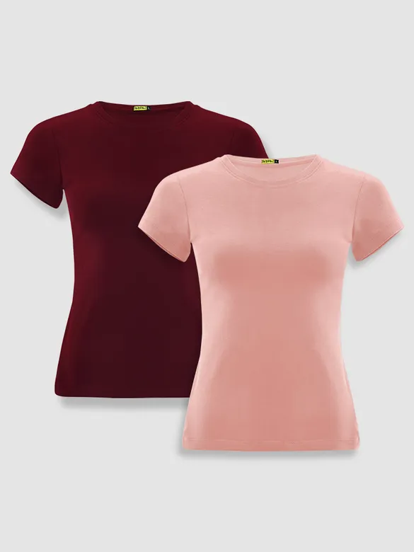 Womens Plain T-shirts Combo Burgundy And Rose Pink