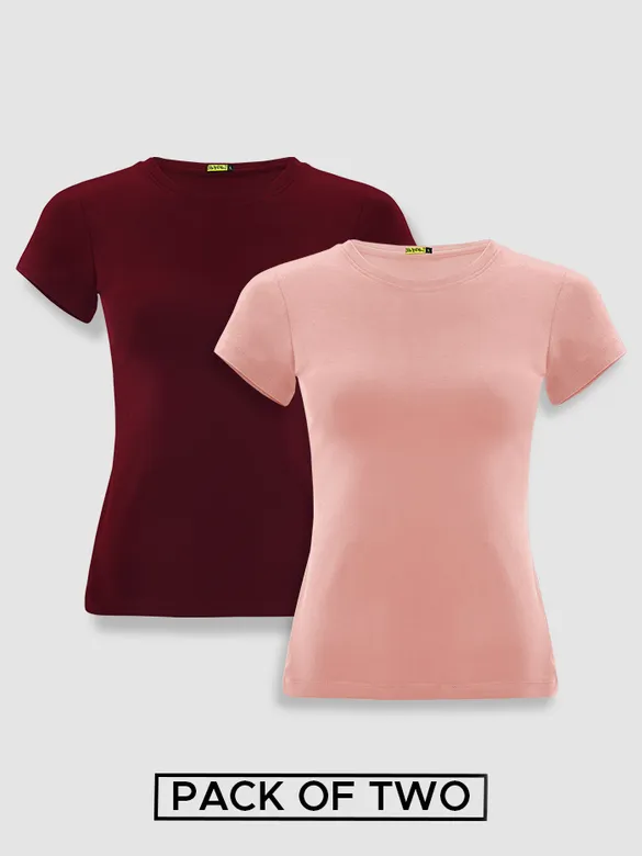 Womens Plain T-shirts Combo Burgundy And Rose Pink
