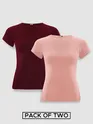 Womens Plain T-shirts Combo Burgundy And Rose Pink