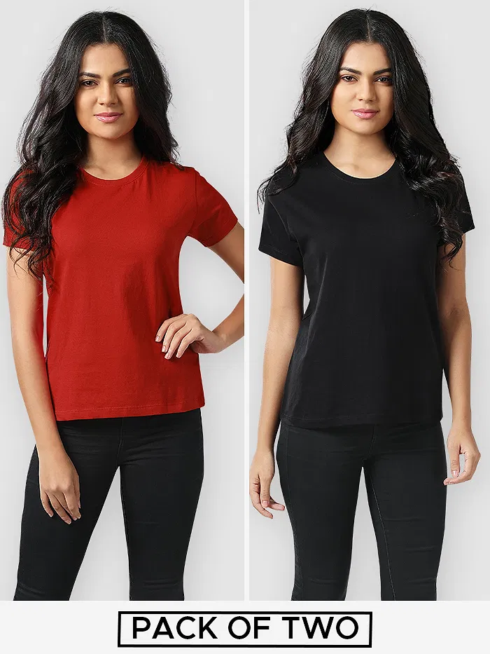 Womens Plain T-shirts Combo Red &amp; Black