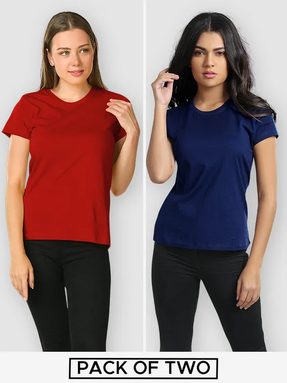 Womens Plain T-shirts Combo Red And Navy Blue