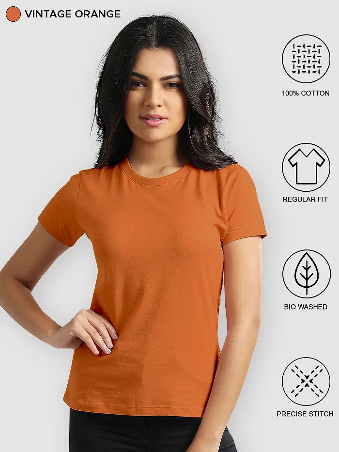 Womens Plain T-shirts Combo Vintage Orange And Bottle Green