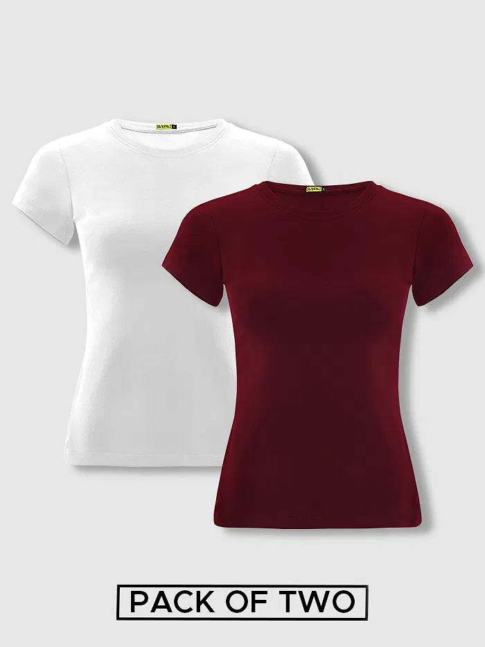 Womens Plain T-shirts Combo White &amp; Burgundy