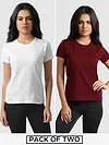 Womens Plain T-shirts Combo White And Burgundy