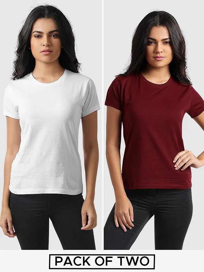 Womens Plain T-shirts Combo White And Burgundy