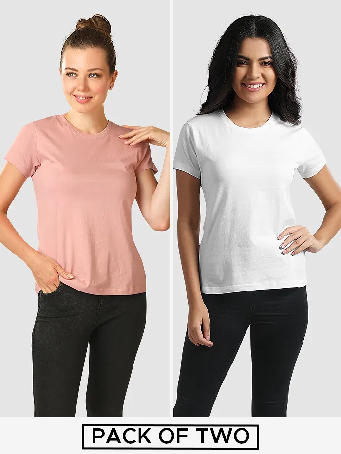 Womens Plain T-shirts Combo White And Rose Pink